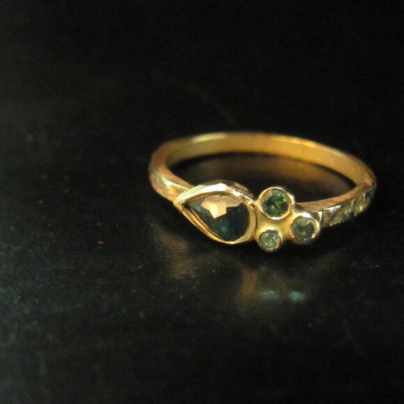 Engagement ring. 14k yellow gold blue diamond ring and 3 Tourmalines. - Picture 4 of 14